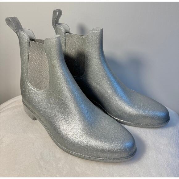 J Crew Mercantile Silver Gray Sparkle Rainboot Rubber Ankle Boot Wellie 10 NEW - Picture 2 of 9